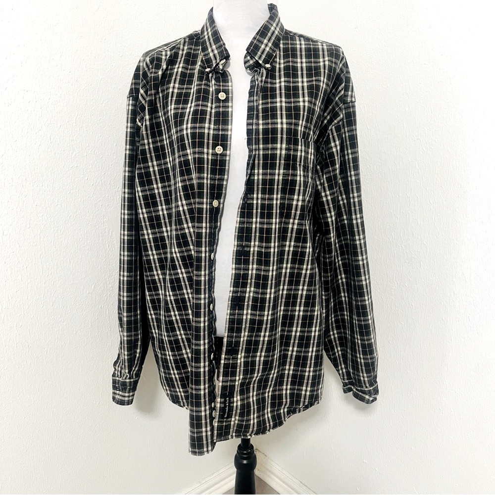 Abercrombie and Fitch Mens Shirt Large Green Navy Plaid Button Up Long Sleeve